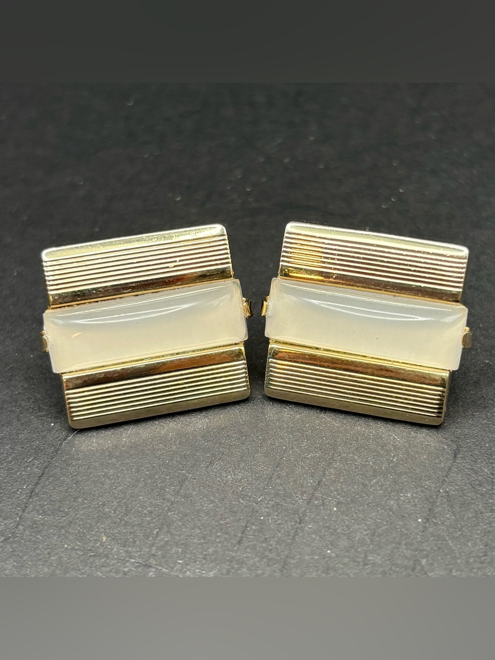 Vintage Anson MCM Gold Tone Striped Cufflinks White Resin Bar Classic Formal